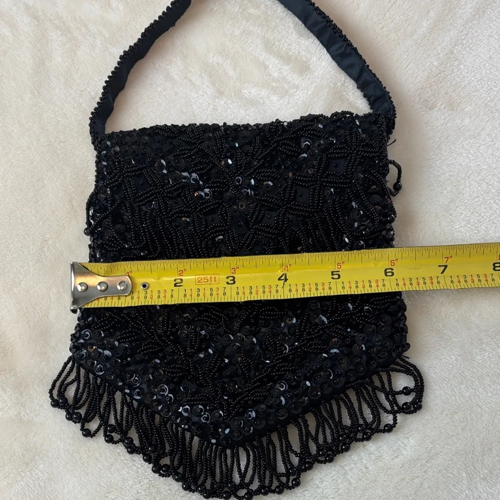 Vintage Handmade Black Beaded Fringe Evening Bag - For Ganson of California